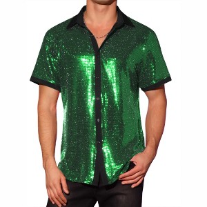 Lars Amadeus Men's Contrasting Color Short Sleeves Disco Party Sparkly Sequins Shirt - 1 of 4
