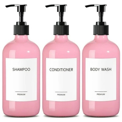 LunaLulinlk Glass Shampoo and Conditioner Dispenser, Pink Shower Soap Dispenser Bottles with Labels, Wash Dispensers