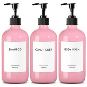 LunaLulinlk Glass Shampoo and Conditioner Dispenser, Pink Shower Soap Dispenser Bottles with Labels, Wash Dispensers - 1 of 4