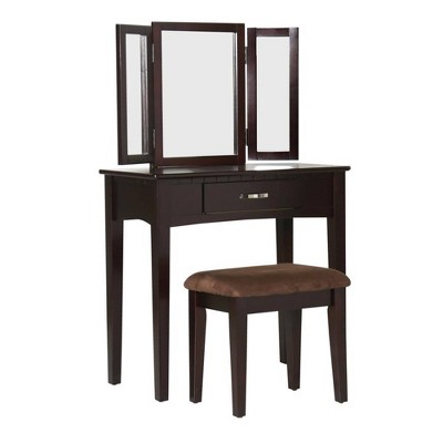 Wooden Vanity Table with 3 Panel Mirror and Padded Stool Brown - Benzara