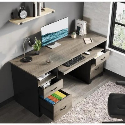 Gray Particle Board Executive Desk with Drawers and Keyboard Tray