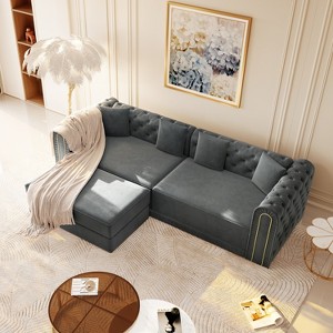 AENKYO 3-in-1 Convertible Sleeper Sofa, 91" L-Shaped Velvet Couch with Movable Ottoman & Gold Trim, Chesterfield Design - 1 of 4