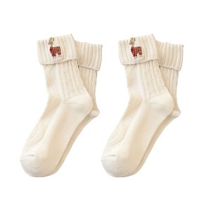 Anna-Kaci Women's 2-Pair Pack Fall Winter Warm Cotton Socks with Cute Christmas Embroidery - 1 of 3