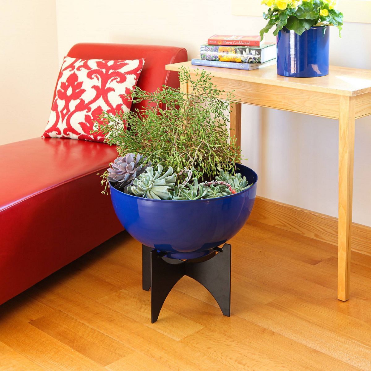 ACHLA Designs 20" Wide Planter Bowl Galvanized Steel with Black Wrought Iron Norma Plant Stand French Blue - thumbnail 2