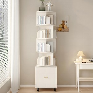 Gulches 360¡ã Rotating 5-Tier Corner Bookshelf with Double-Door Drawer - White Wooden Narrow Storage Rack, Space-Saving Floor Bookcase - 1 of 4