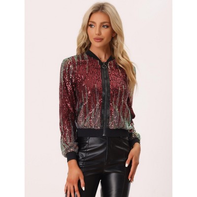 INSPIRE CHIC Women's Sequin Long Sleeve Zipper Front Sparkle Bomber Jackets Red Large — фото 2