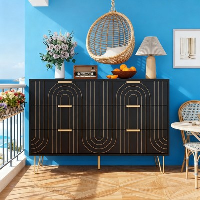 BAOURE Modern 6-Drawer Dresser with Carving Design Black Wide Storage Chest of Drawers for Bedroom Living Room Bedroom Furniture Organizer
