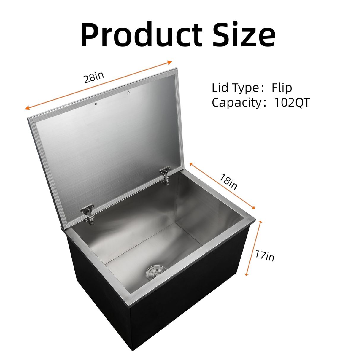 Drop-In Ice Chest, 304 Stainless Steel Insulated Cooler with Flip Lid and Drain, 28x18x17 Inch Large Capacity Outdoor Bar Kitchen Commercial Use - thumbnail 8