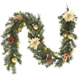 6Ft Christmas Garland, Pre-lit Artificial Garland with 20 LED, Pine Cones Berries Poinsettia, Garland for Mantle Fireplace Stairs Decoration - 1 of 4