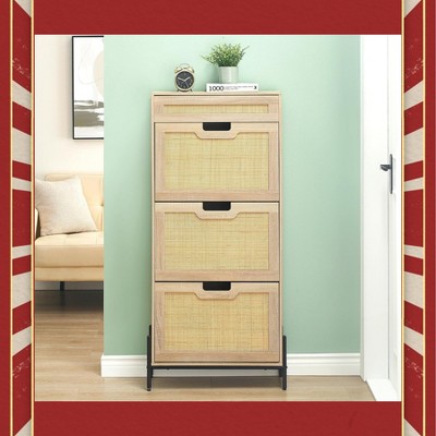 Garvee 3 Flip Drawers Shoe Storage Cabinet with 1 Drawer ¨C Freestanding Narrow Rattan Shoe Rack with Metal Legs, Anti-Tipping