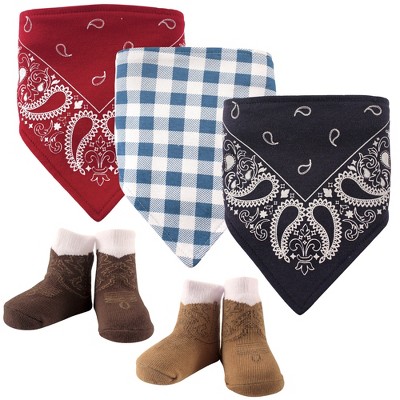 Hudson Baby Infant Boy Cotton Bib and Sock Set 5pk, Cowboy, One Size