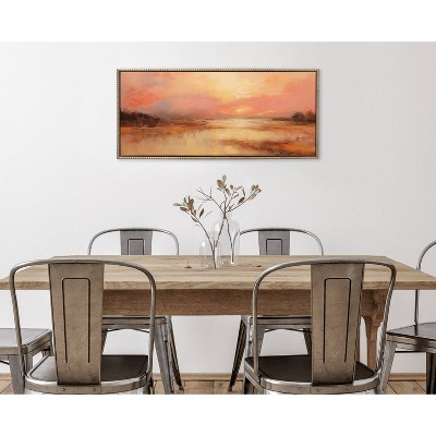 Golden Peach Sunset Landscape Canvas Print with Beaded Gold Frame