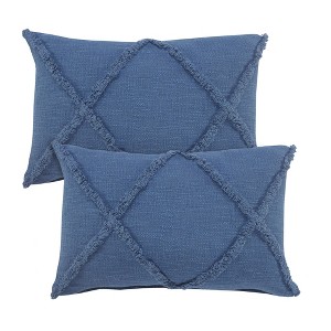 HomeRoots Set of Two 16" X 24" Blue Diamond Cotton Lumbar Throw Pillow With Fringe - 1 of 4