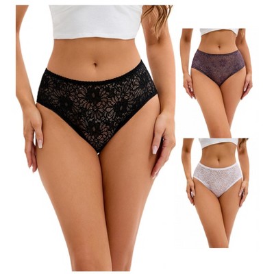 INSPIRE CHIC 3 Packs Women's Lace Mid-Waisted Briefs Breathable Underwear Available in Plus Size Panties