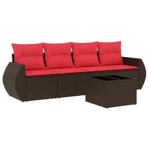 vidaXL 5 Piece Patio Sofa Set with Cushions Poly Rattan - Brown and Red With Table - 1 of 4