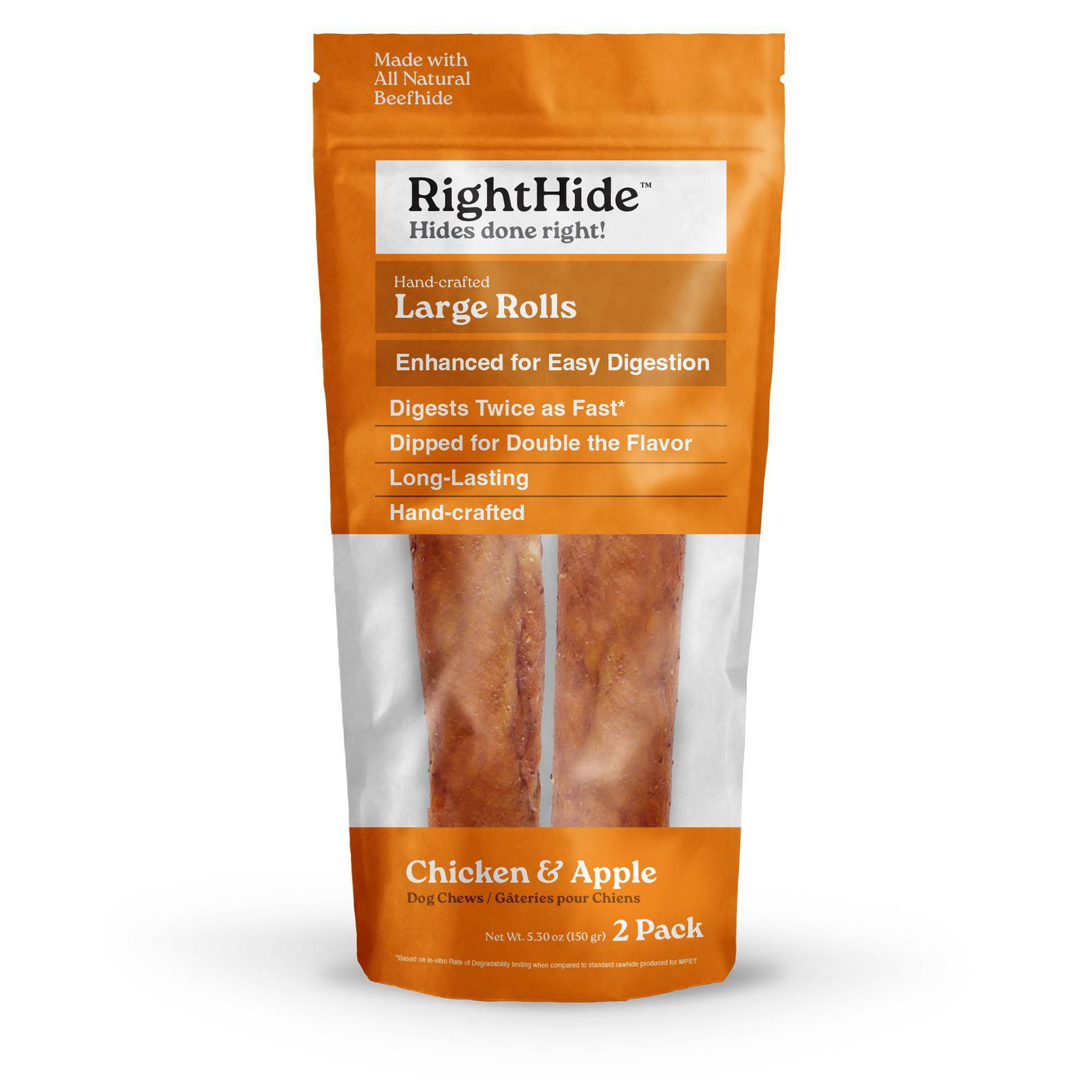 RightHide Large Rolls Chicken and Apple Flavored Beef Hide Dog Treats - 5.3oz/2ct