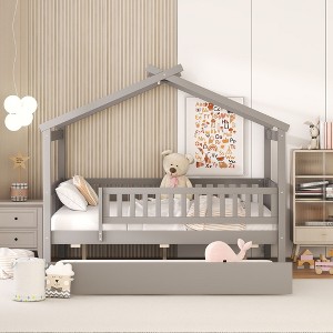 NicBex Full Size Bunk Bed Classic House Shape Loft Bed Draggable Design Pine Bed Frame with Wheels and Guardrails, No Box Spring Required - 1 of 4