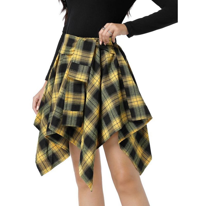 Women's Halloween High Waisted Short A-line Flare Gothic Mini Black Red Plaid Pleated Skirt Dress, 2 of 8