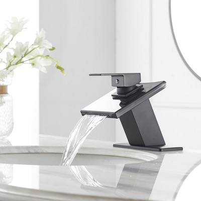 Matte Black Glass Waterfall Bathroom Faucet with Brass Handle