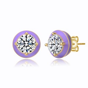 Guili Teens? Purple Enamel Round Halo Stud Earrings in 14k Yellow Gold Plating with Clear Cubic Zirconia, A Vibrant & Eye-Catching Elegant Design - 1 of 2