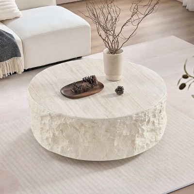 35" Modern Imitation Stone Design Coffee Table,Fiberglass Round Center Coffee Table For Living Room Office,No Need Assembly-Coolbibila