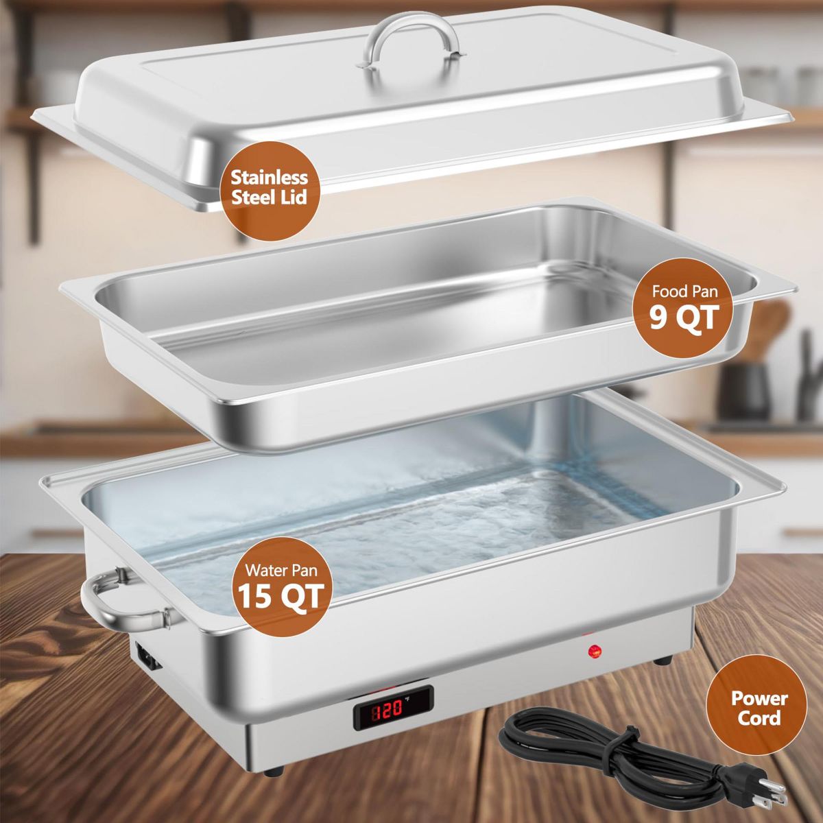 Garvee 2 Pack Electric Chafing Dish Buffet Set, 9QT Stainless Steel Food Servers and Warmers, with Temperature Control Display - thumbnail 10
