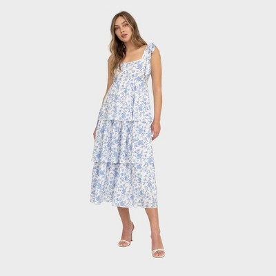 August Sky Women's Mock Self Tie Straps Floral Tiered Midi Dress