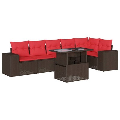 vidaXL 7 Piece Garden Sofa Set with Cushions Table and Couches Poly Rattan - Brown