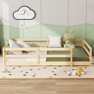 FURNIinspire Beds Full Size Floor Bed Platform Bed, Wooden Kids Bed Frame with Fence, Modern Minimalist Bedroom Furniture, Brown, 77"*58.1"*15.7" - 1 of 4
