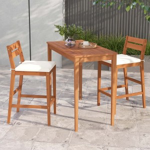 Costway 3 PCS Patio Eucalyptus Wood Bar Set Bar Height Dining Table & 2 Cushioned Chairs - 1 of 4