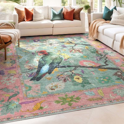 Apollo Botanical Birds Green Multi Synthetic Washable Area Rug, 9'10" x 13'