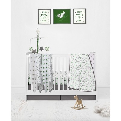 Bacati - Boys Soccer Muslin Green Gray 10 pc Crib Bedding Set with 4 Swaddling Blankets