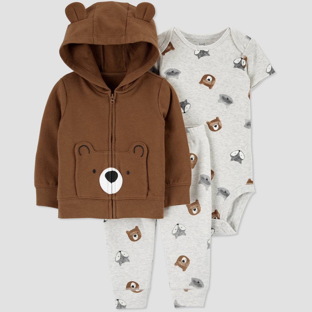 size 3m Baby Boys' 3pc Bear Hoodie Top & Bottom Set - Just One You made by carter's Brown 