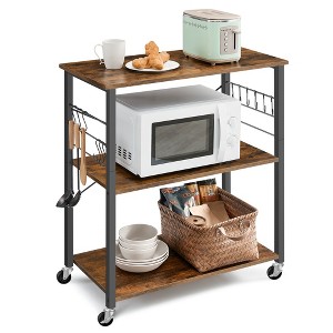Rustic Brown & Black Industrial - Style Kitchen Cart on Wheels - 3 - Shelf Serving Cart with 6 Hooks. Ideal for Microwave, Mini Oven, Toaster - 1 of 4
