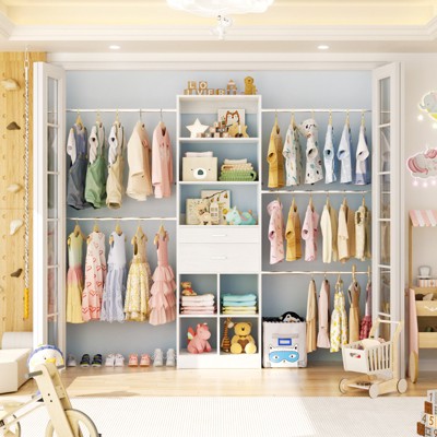 Aheaplus Closet Organizer with 2 Wooden Drawers, Walk-in Closet System with 5 Hang Rods & shelves