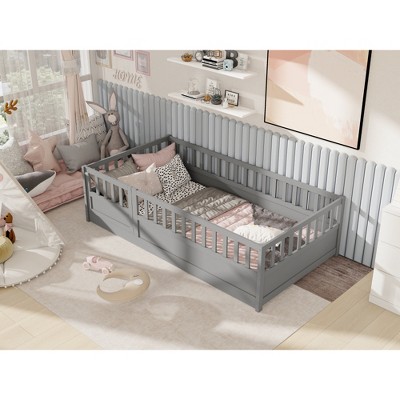 ALEXOUN Solid Wood Floor Bed with High Safety Guardrails for Kids,Montessori Floor Bed with Opening,Bed Frame for Boys Girls Bedroom,