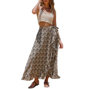 EXLURA Womens Floral Print High Waisted Wrap Long Maxi Skirts Ruffle Hem Self Tie Knot Summer Chiffon Midi Skirts 2025 - 1 of 4