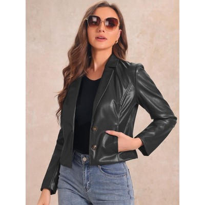 Allegra K Women's Faux Leather Motorcycle Vintage Cropped Blazer Jackets X-Small Black — фото 3