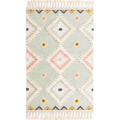 Light Aqua Geometric Hand-knotted Wool Area Rug