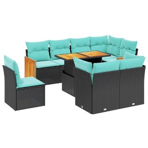 vidaXL 9 Piece Patio Sofa Set with Cushions Black Poly Rattan - Black without storage - 1 of 4