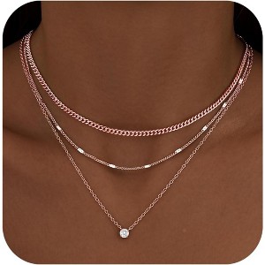 14K Gold Silver Plated Layered Necklace CZ Circle Cuban Chain Waterproof Gift Rose Gold-Cubic Zirconia - 1 of 4