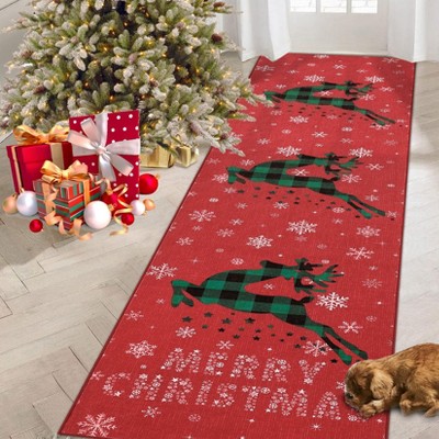 Christmas Deer Rugs for Entryway Plaid Deer Snowflakes Area Rug for Front Door Low Pile Throw Mat Indoor Living Room