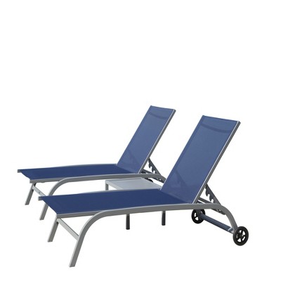 FURNIinspire Patio Chaise Lounges 2 Lounge Chairs and 1 Table, 5 Position Outdoor Lounge Chairs for Poolside Beach Balcony, Blue, 60.51"*23.86"*40.16"