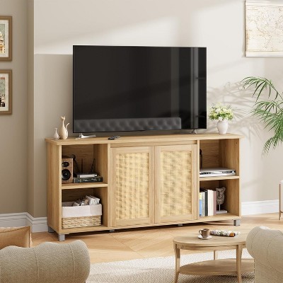 Homhougo 70 Inch TV Stand, Boho TV Stand with Rattan Cabinet Doors, Entertainment Center with 4 Open Shelves & 2 Cabinets, Natural
