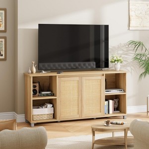Homhougo 70 Inch TV Stand, Boho TV Stand with Rattan Cabinet Doors, Entertainment Center with 4 Open Shelves & 2 Cabinets, Natural - 1 of 4