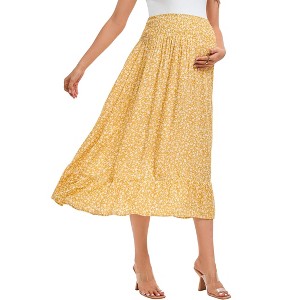 Coolmee Women's Maternity Boho Maxi Skirt Floral Smocked Elastic High Waist Pleated A-Line Ruffle Flowy Long Skirts - 1 of 4