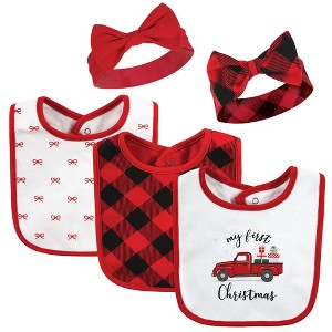 Hudson Baby Infant Girls Cotton Bib and Headband or Caps Set, Red Truck Bows, One Size - 1 of 4