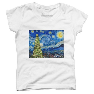 Girl's Design By Humans Van Gogh Starry Night - Christmas Tree By bcstudio T-Shirt