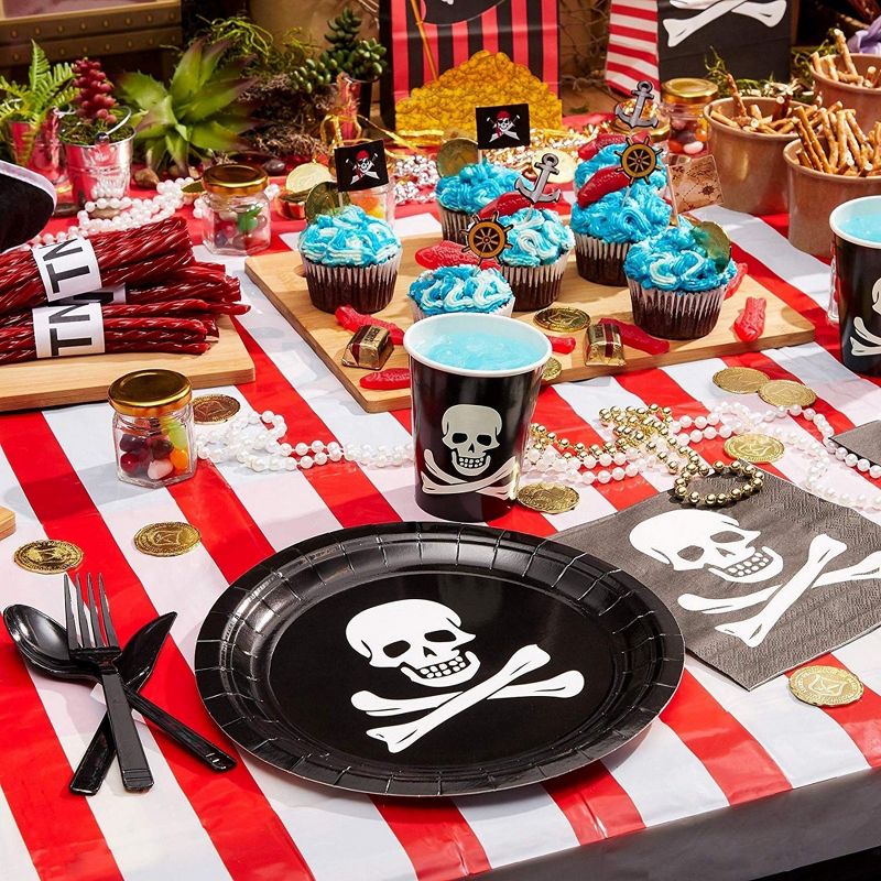 144-Pieces Pirate Party Supplies with Skeleton Paper Plates, Napkins, Cups and Cutlery for Skull Birthday Party Decorations, Serves 24, 2 of 10
