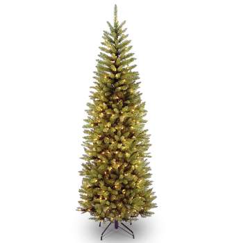 National Tree Company 7 ft Artificial Pre-Lit Slim Christmas Tree, Green, Kingswood Fir, White Lights, Includes Stand